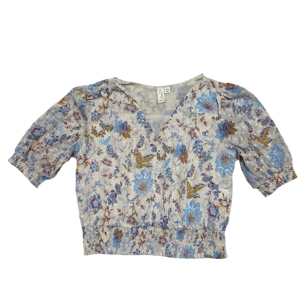 Joie- Blue and Cream Floral Blouse with Puffed Sleeves